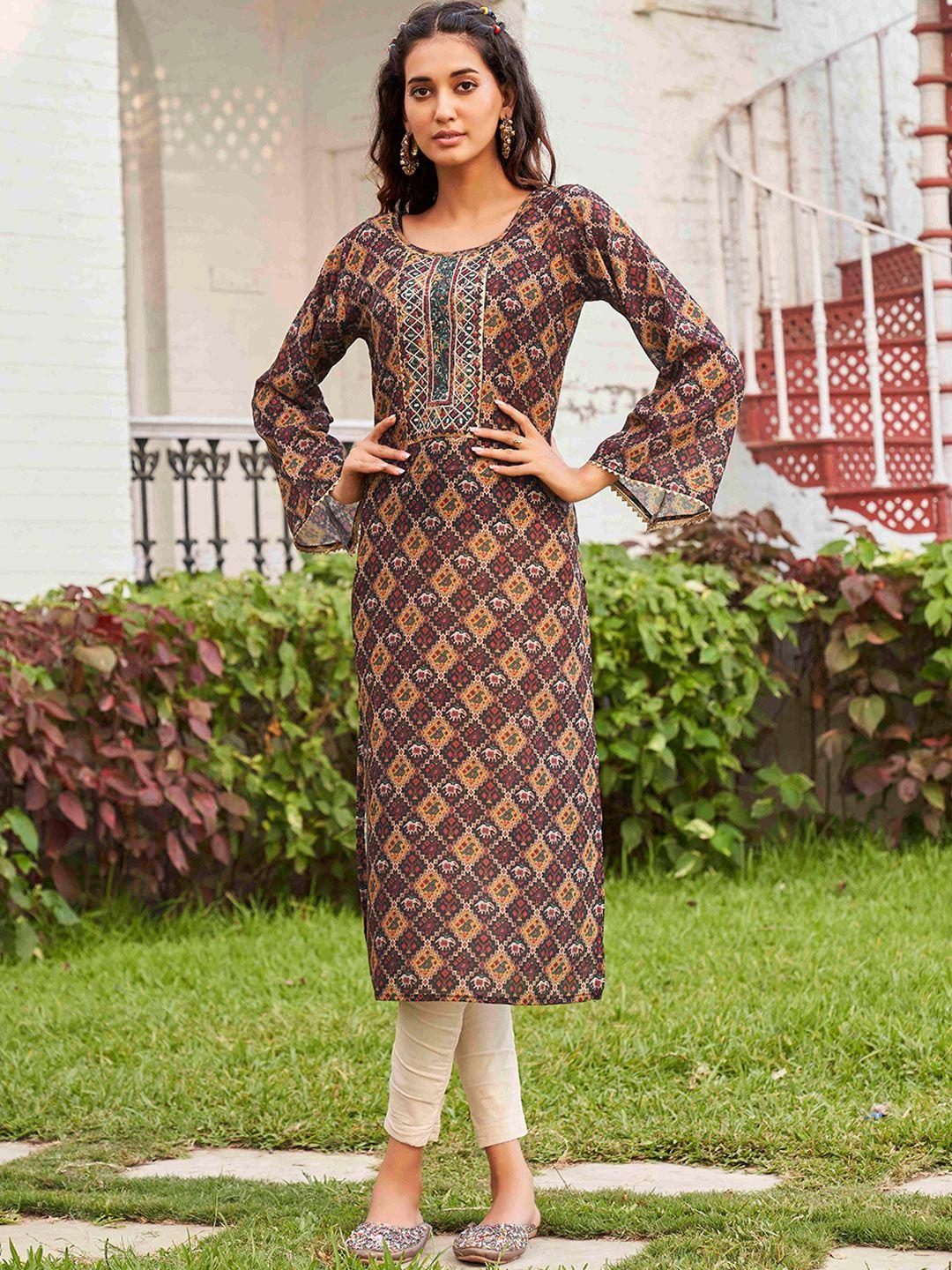 tikhi imli black ethnic motfs printed mirror work kurta