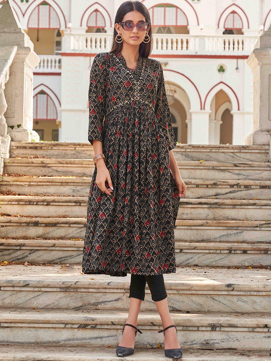 tikhi imli black ethnic motifs printed mirror work kurta