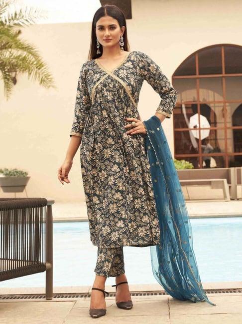 tikhi imli blue embellished kurta pant set with dupatta