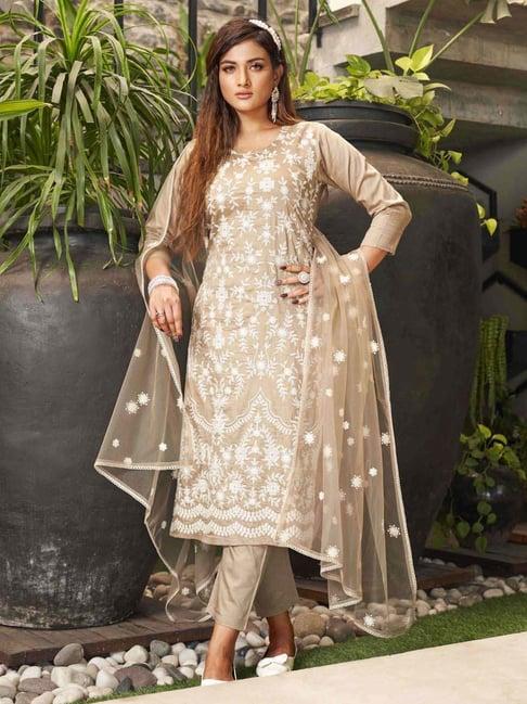 tikhi imli brown cotton embroidered kurta pant set with dupatta