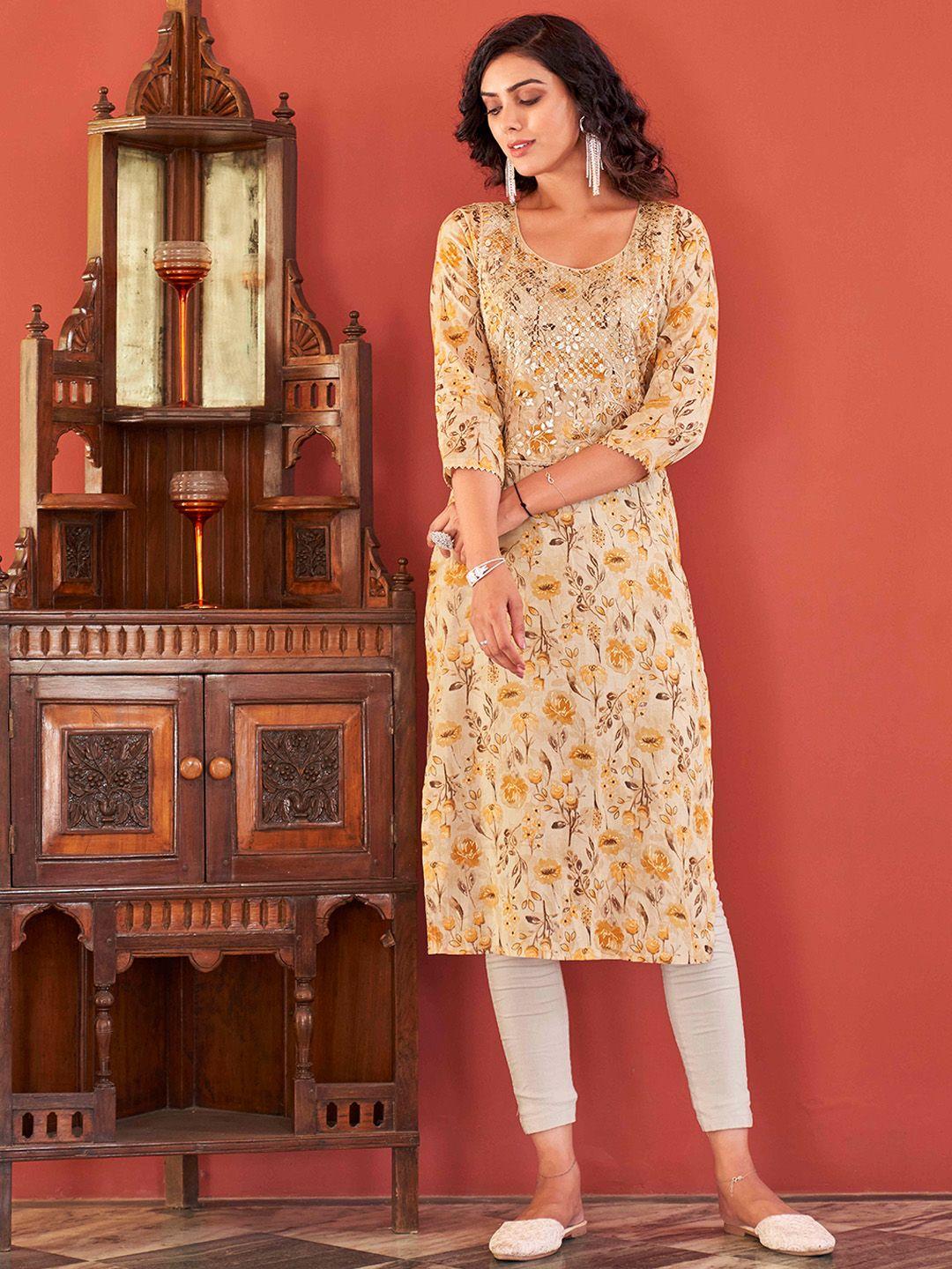 tikhi imli brown floral printed sequins pure cotton kurta