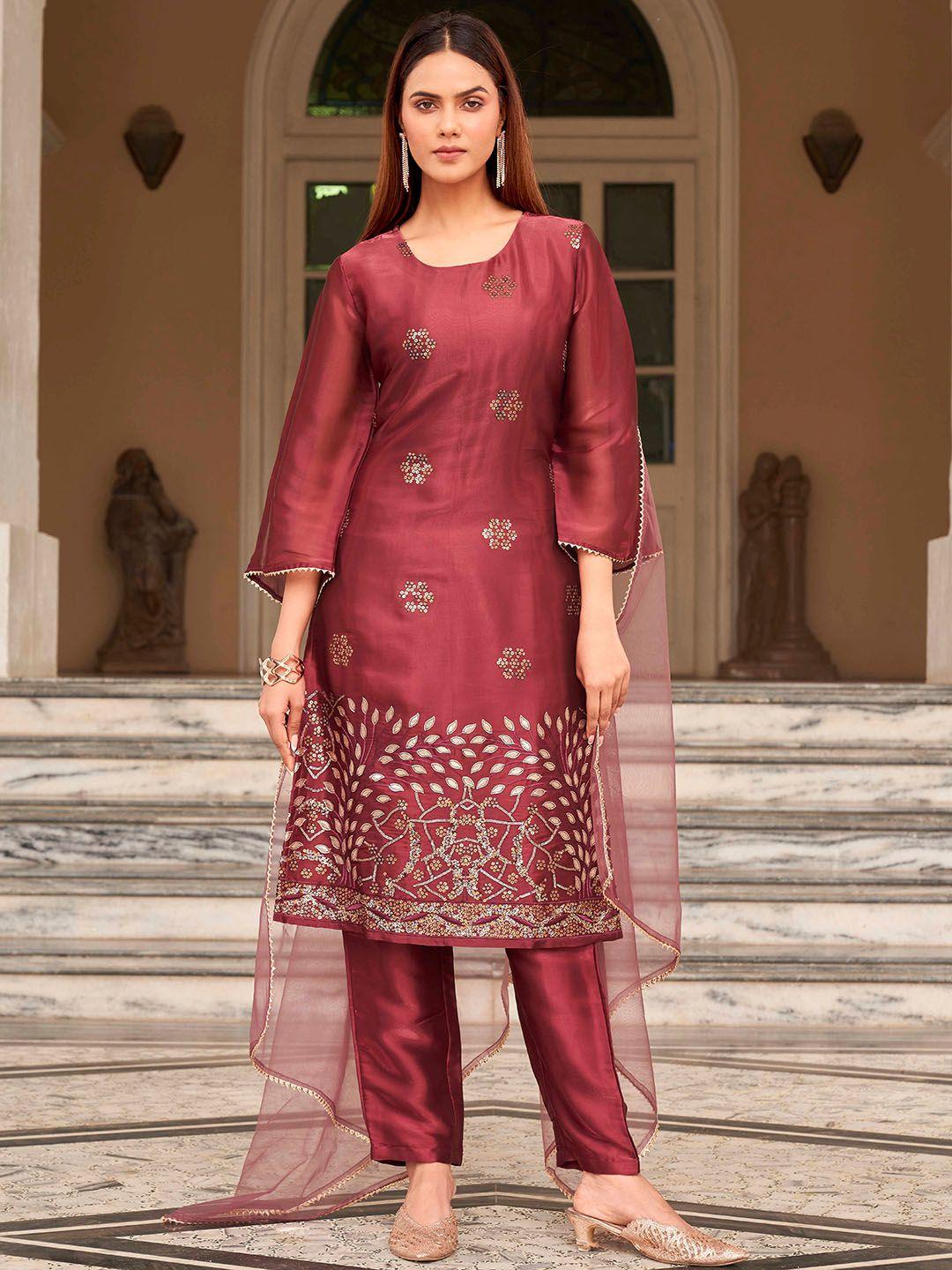 tikhi imli embellished sequinned kurta with trousers & dupatta