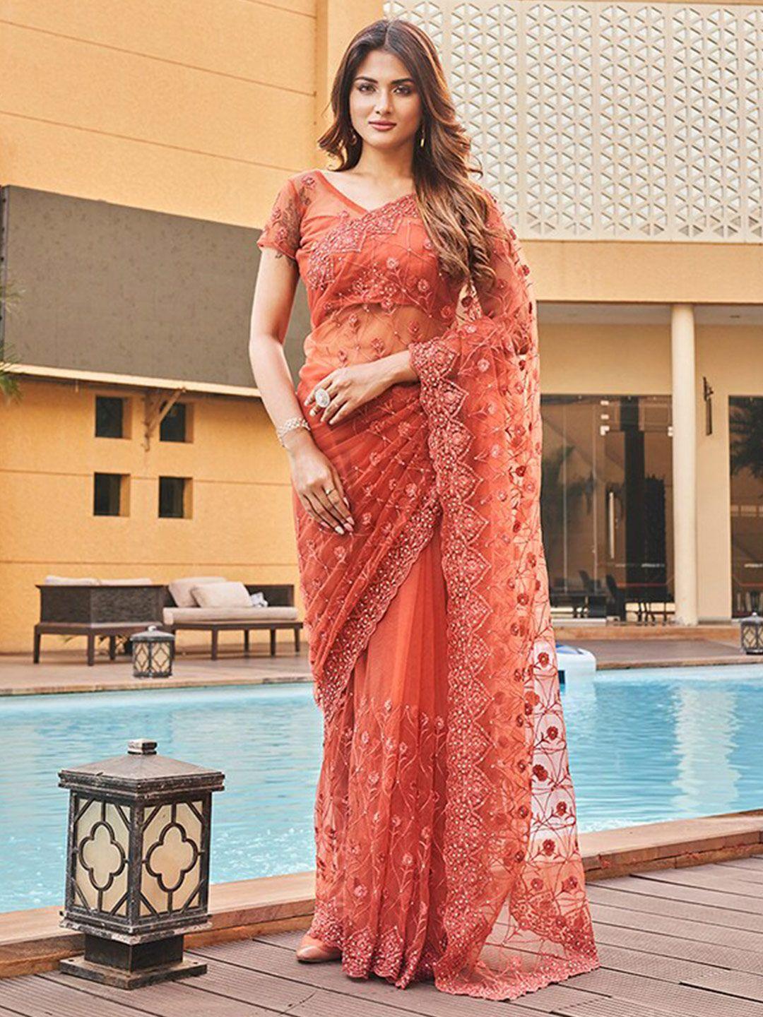 tikhi imli embroidered net heavy work saree