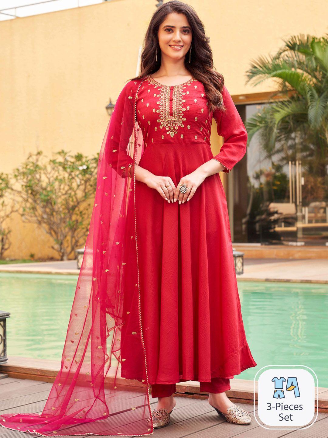 tikhi imli ethnic motifs embroidered empire anarkali kurta with trousers & with dupatta