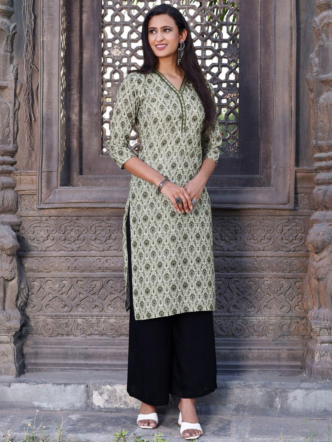 tikhi imli ethnic motifs printed v-neck straight kurta