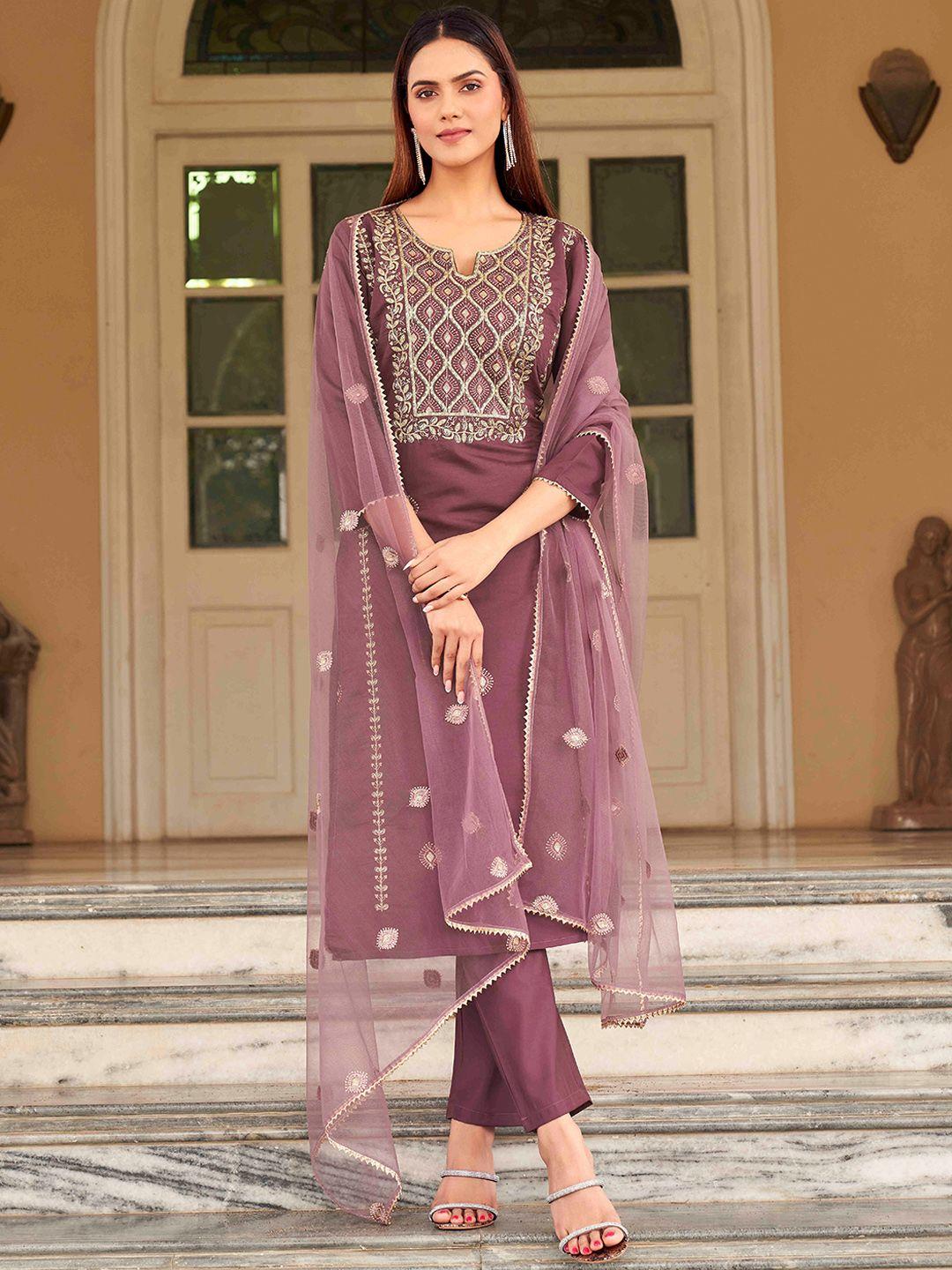 tikhi imli floral embroidered sequinned pure cotton kurta with trousers & dupatta