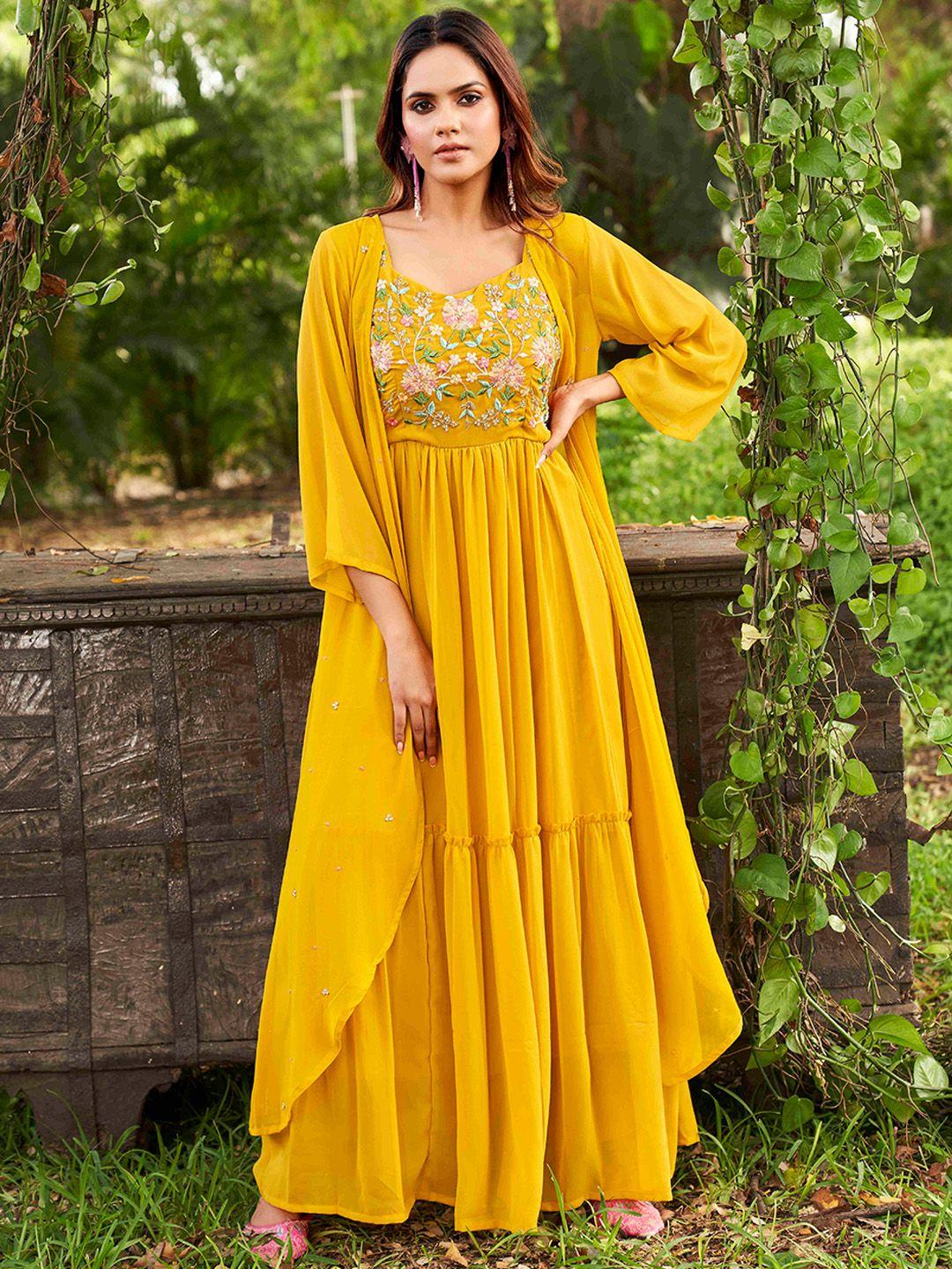 tikhi imli floral embroidered tiered a-line georgette kurta with trousers with shrug