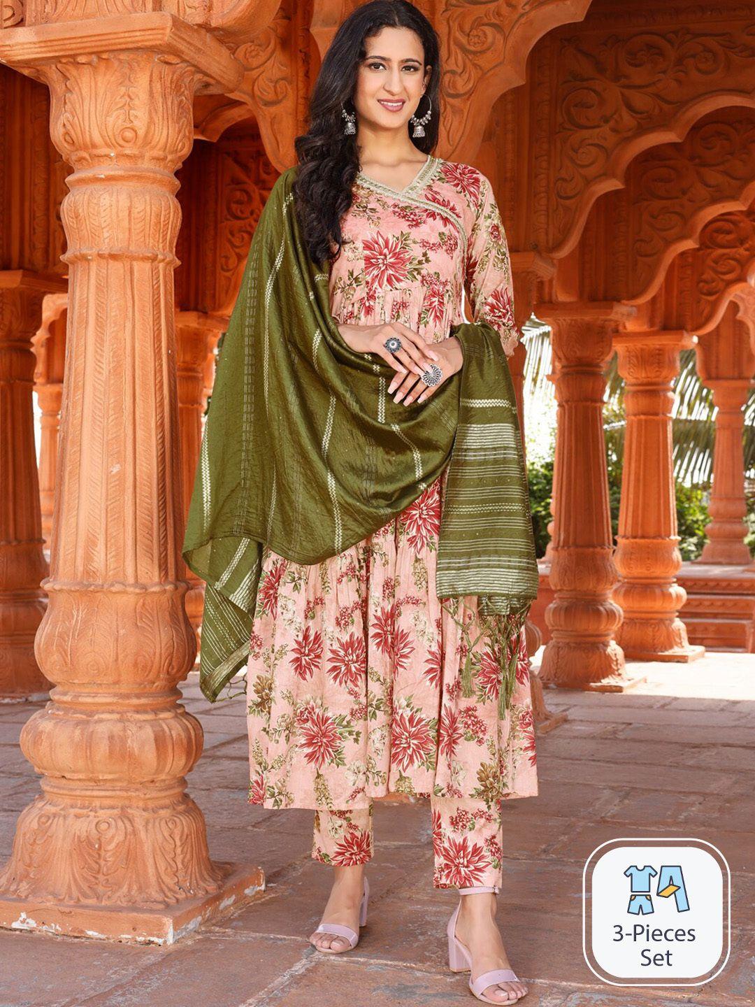 tikhi imli floral printed anarkali sequined pure cotton kurta with trousers & dupatta