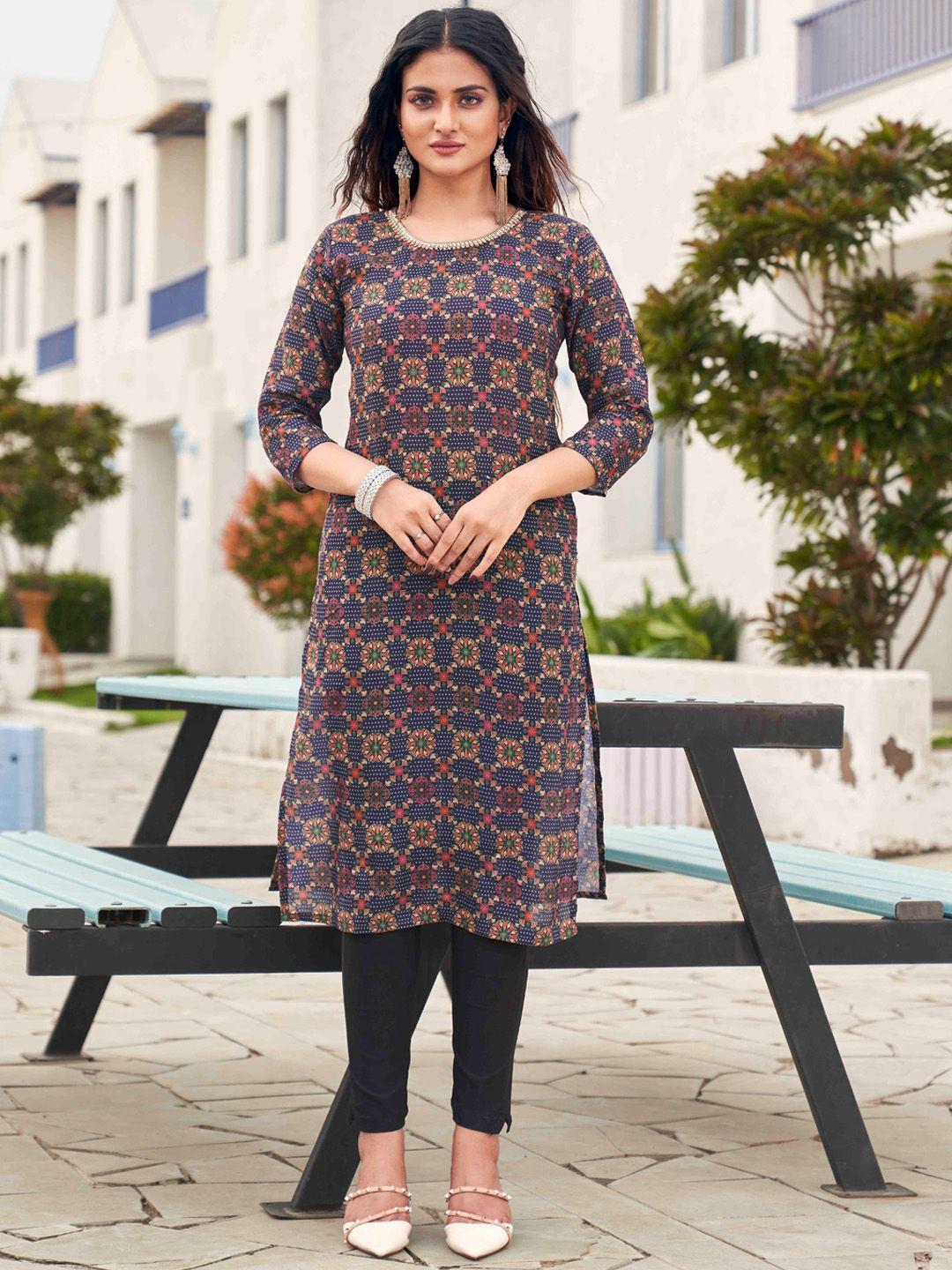 tikhi imli floral printed beads and stones straight kurta