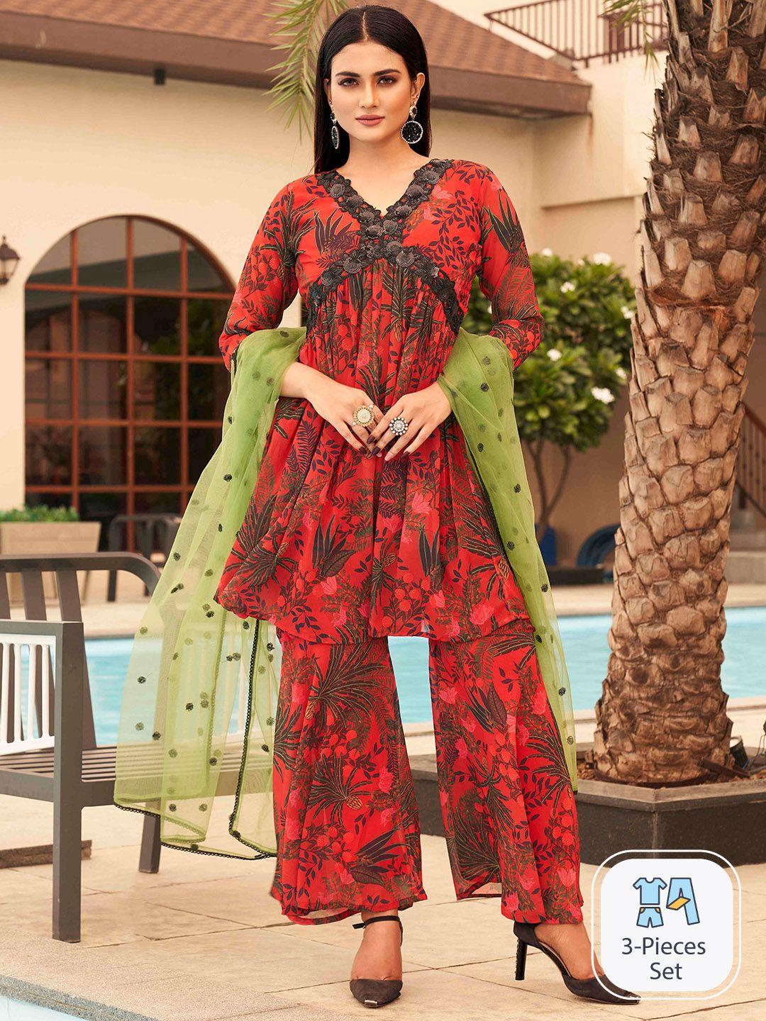 tikhi imli floral printed empire sequinned georgette a-line kurta with palazzos & dupatta