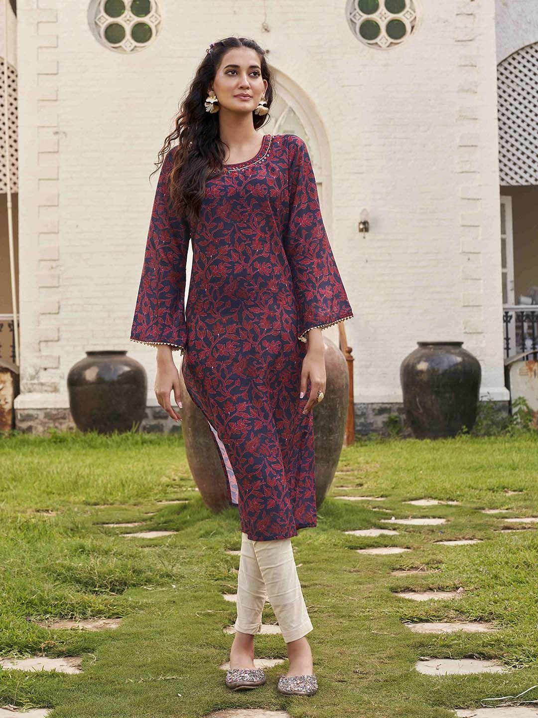 tikhi imli floral printed mirror work kurta