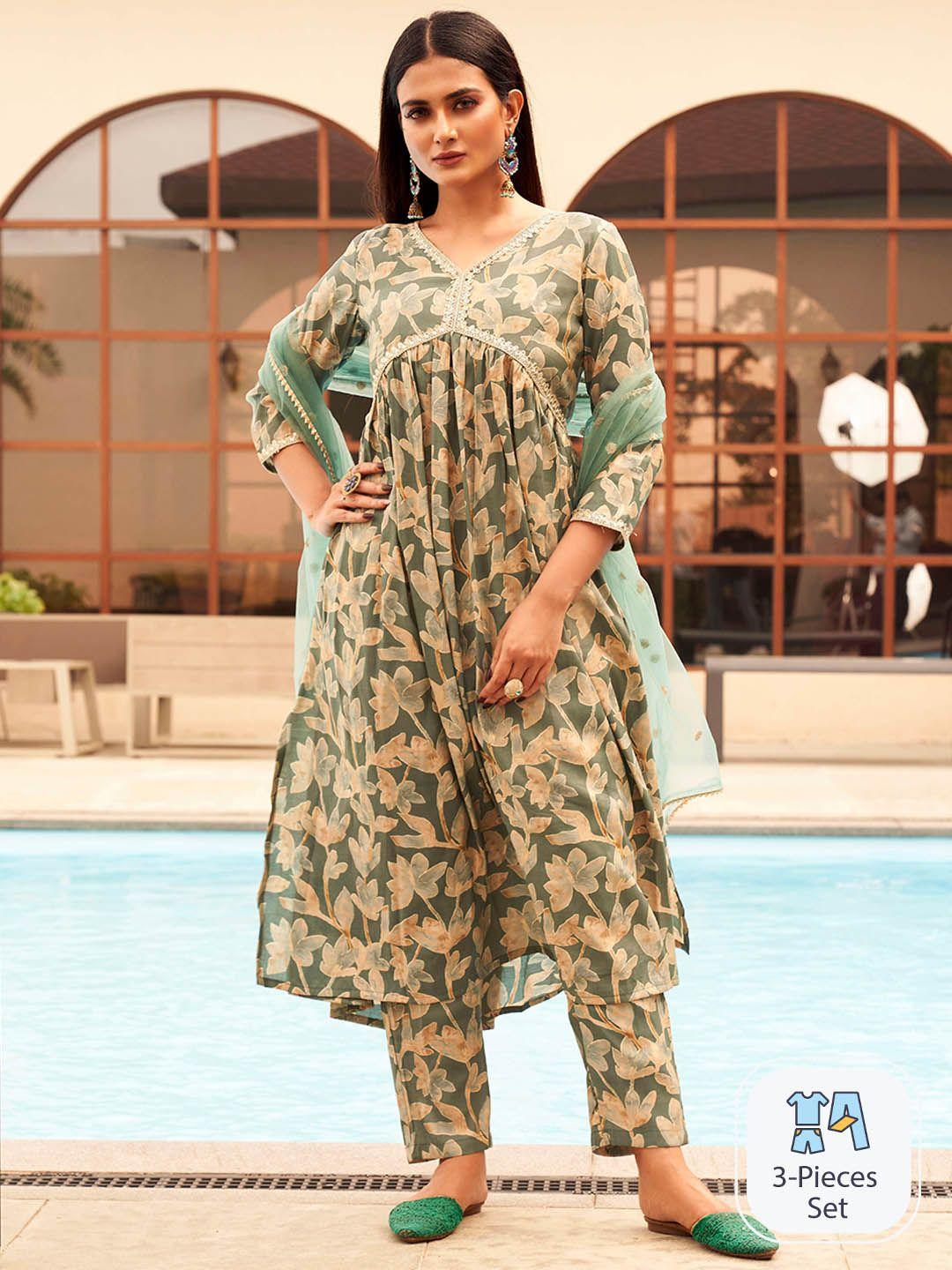 tikhi imli floral printed pleated sequinned kurta with trousers & dupatta