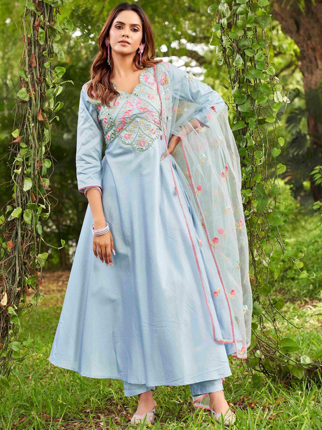 tikhi imli floral yoke design empire thread work kurta with trousers & dupatta