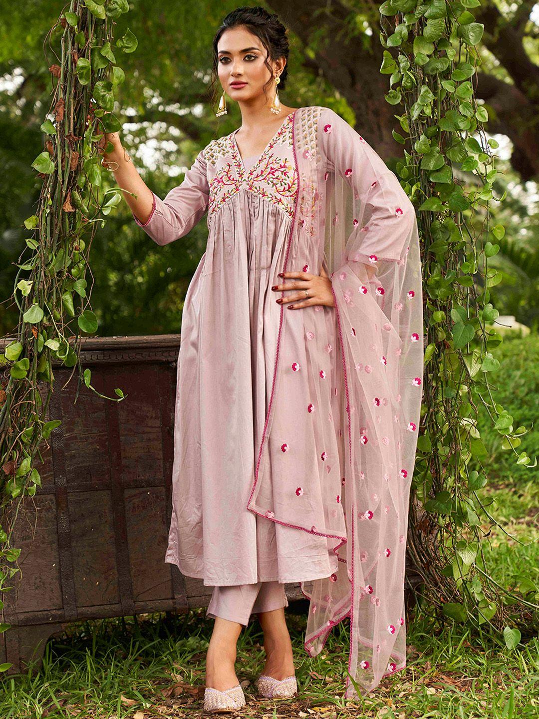 tikhi imli floral yoke design pleated thread work kurta with trousers & dupatta