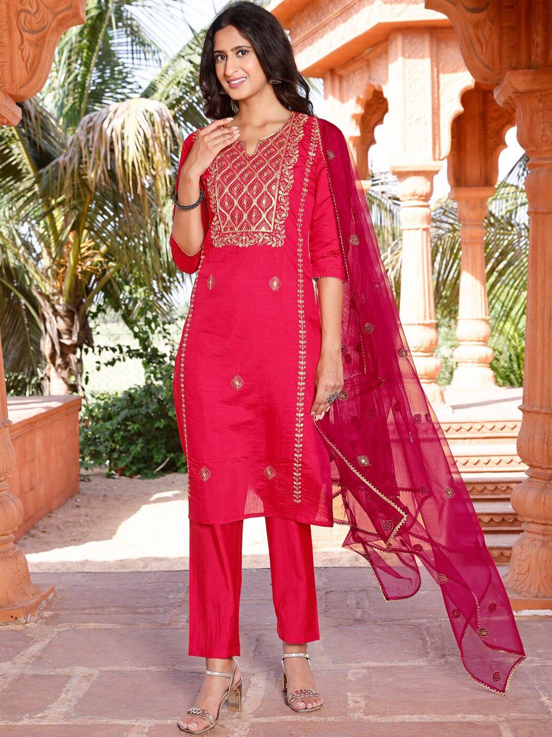 tikhi imli fuchsia ethnic embroidered regular sequinned kurta & trousers with dupatta