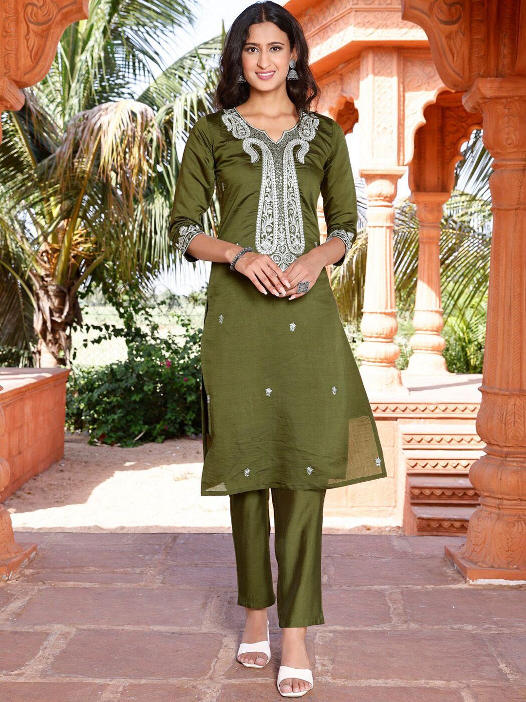 tikhi imli green paisley embroidered regular kurta & trousers & with dupatta