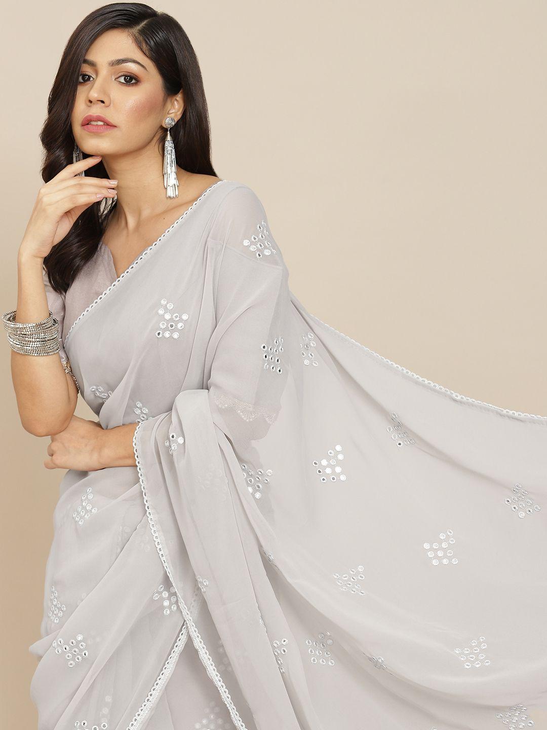 tikhi imli grey embroidered mirror-work saree