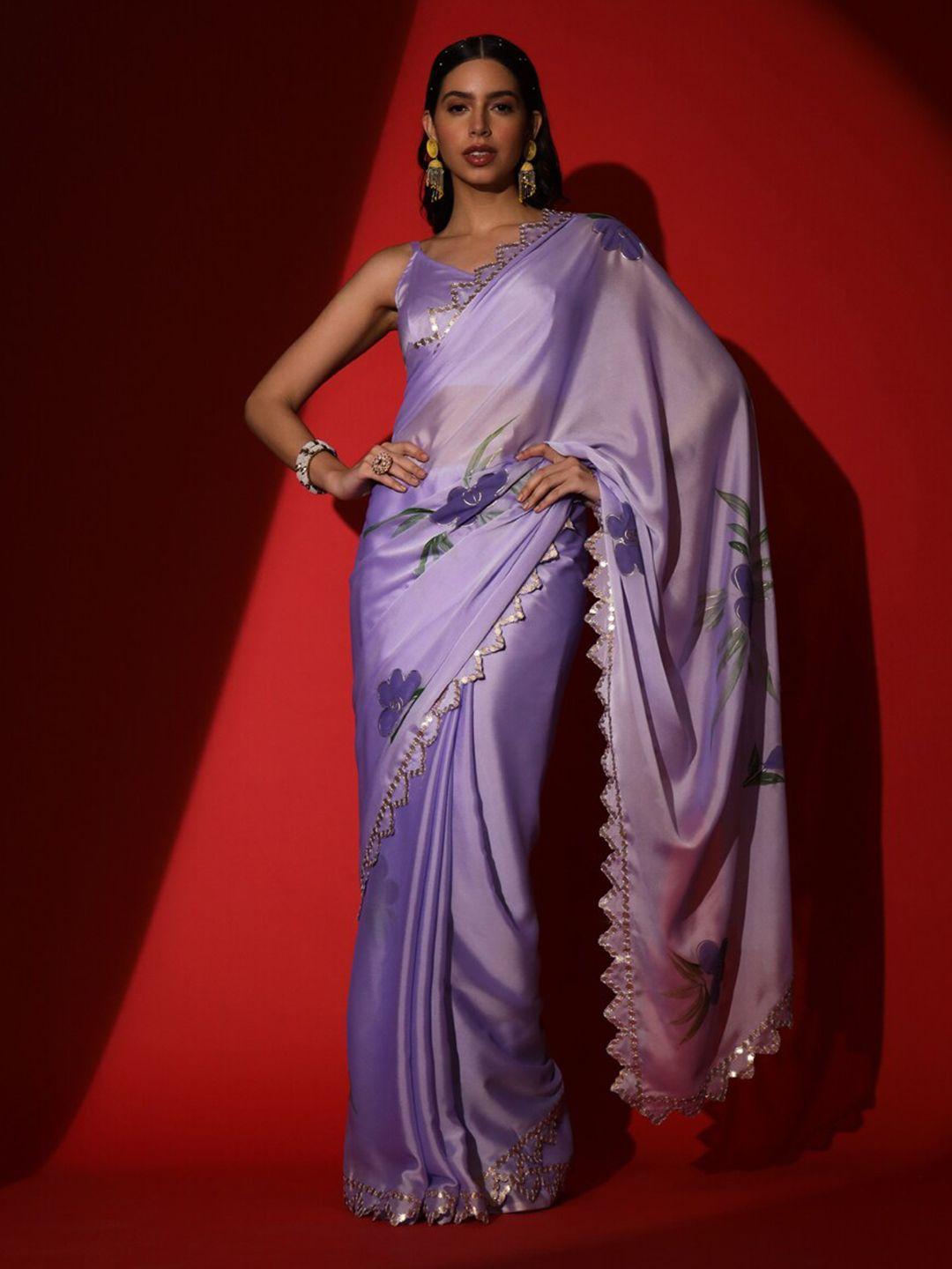 tikhi imli lavender floral printed gotta patti saree