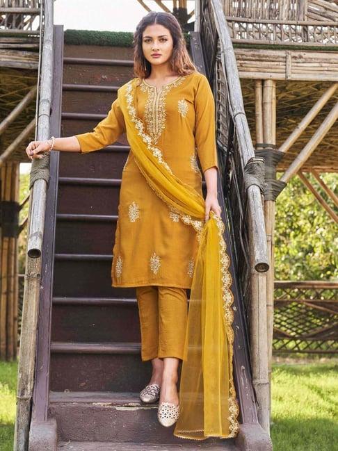 tikhi imli mustard embroidered kurta pant set with dupatta