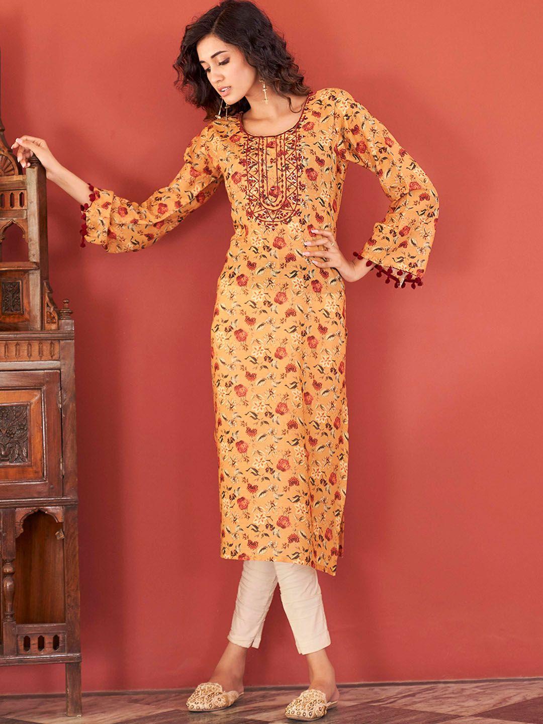 tikhi imli mustard yellow floral printed mirror work kurta