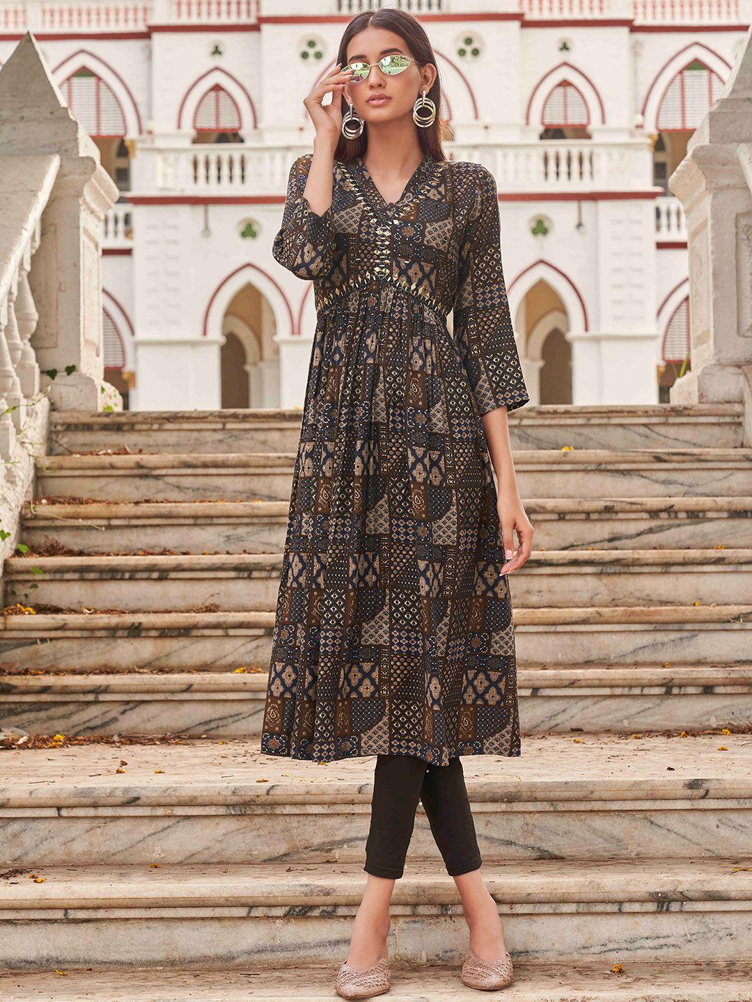 tikhi imli navy blue ethnic motifs printed mirror work kurta