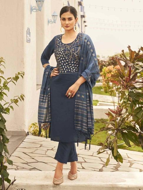 tikhi imli navy embellished kurta pant set with dupatta