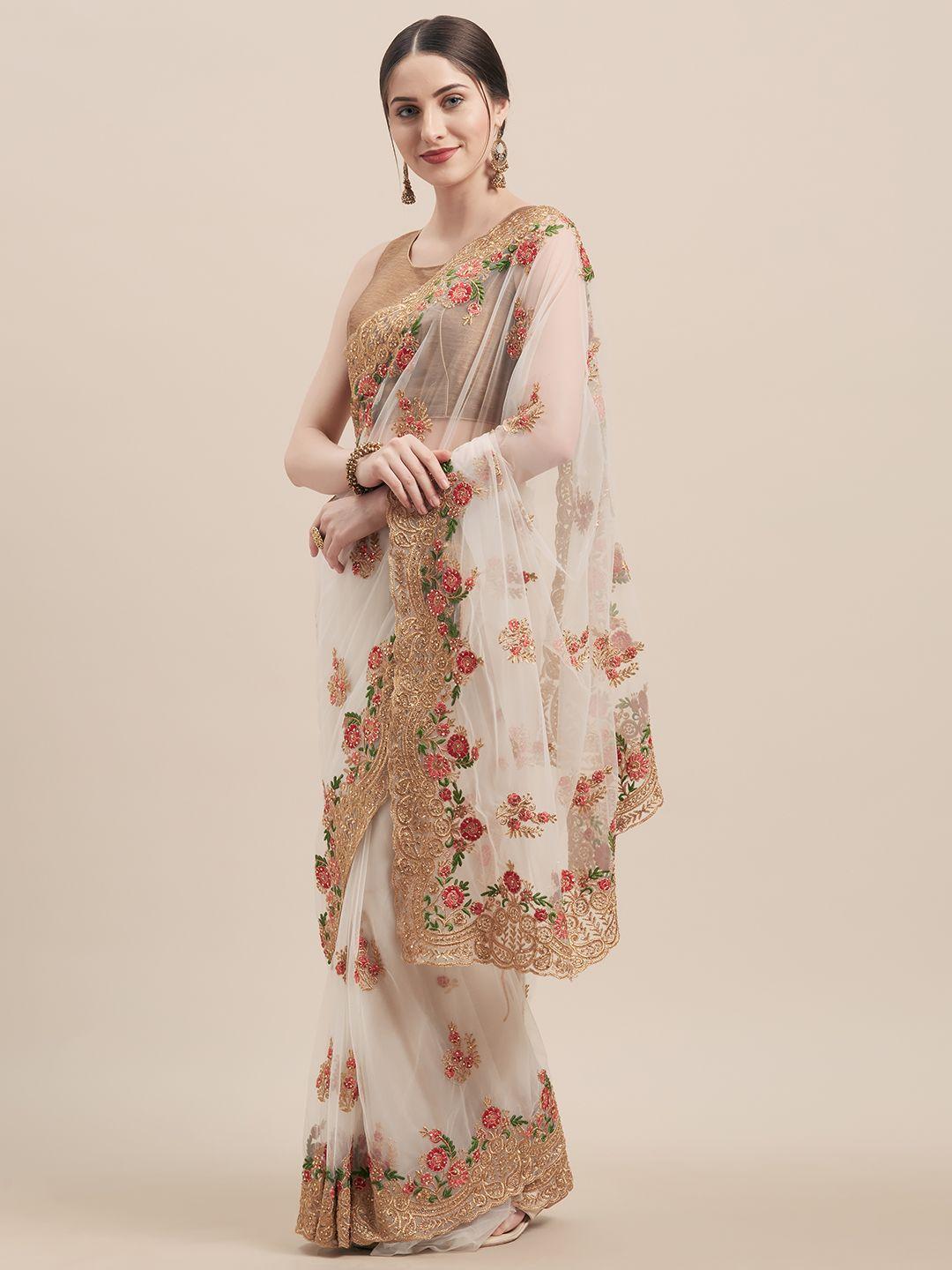 tikhi imli off-white & gold-coloured net embroidered saree
