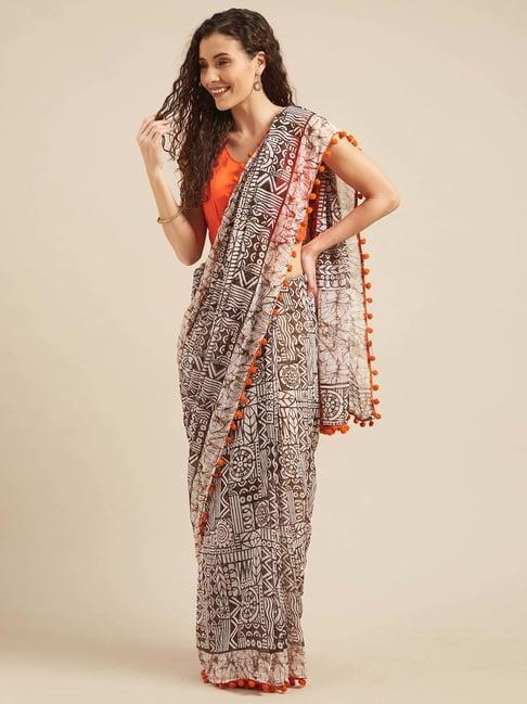 tikhi imli off-white printed saree with unstitched blouse