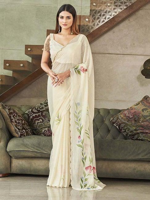 tikhi imli off-white printed saree with unstitched blouse