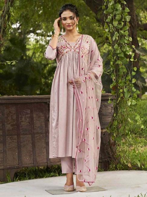 tikhi imli pink cotton embroidered kurta pant set with dupatta