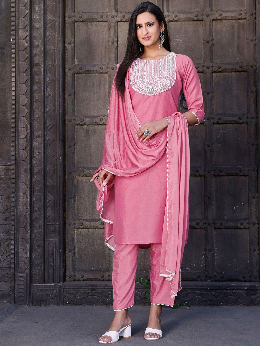 tikhi imli pink ethnic yoke design regular kurta & trousers with dupatta