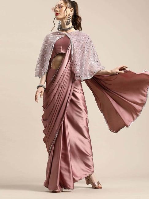 tikhi imli pink plain saree with unstitched blouse