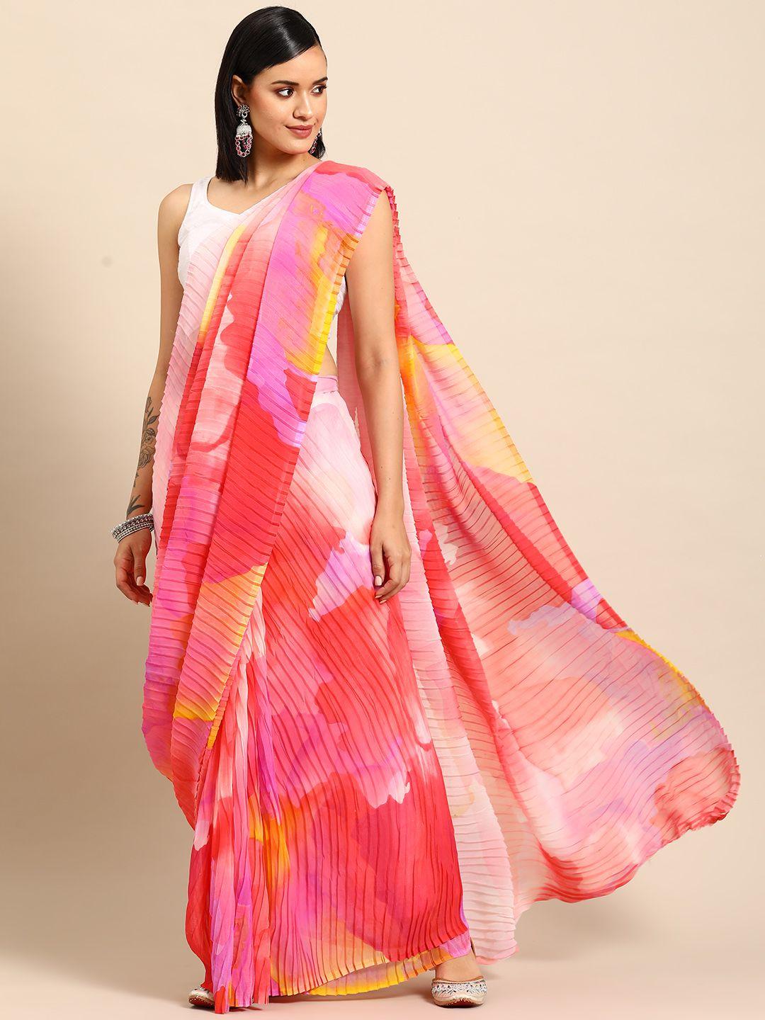 tikhi imli printed accordian pleated poly georgette saree