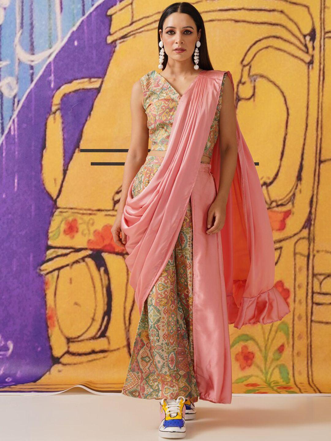 tikhi imli printed saree style co-ords set with detachable pallu