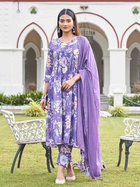 tikhi imli purple cotton embellished kurta pant set with dupatta