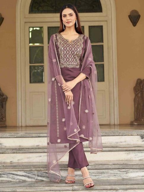 tikhi imli purple cotton embroidered kurta pant set with dupatta