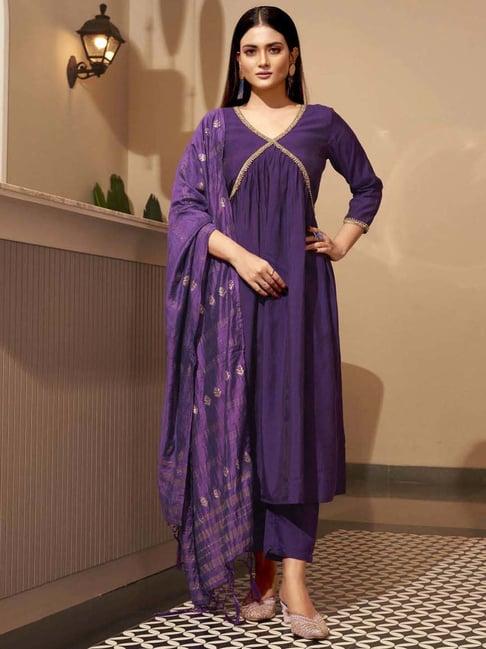 tikhi imli purple embellished kurta pant set with dupatta