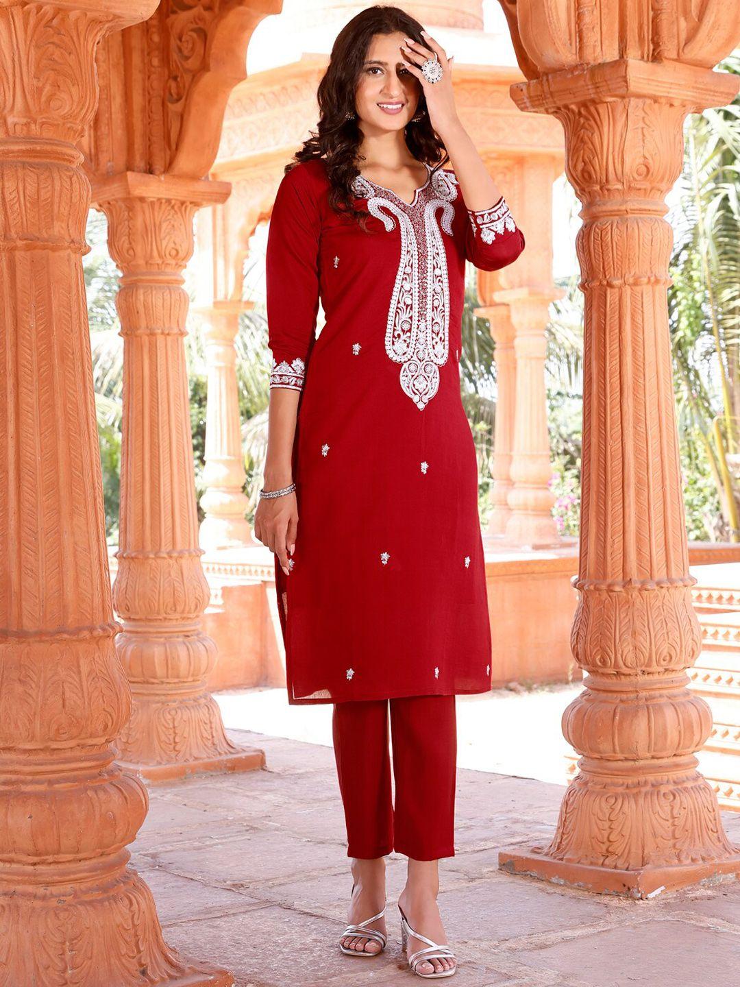 tikhi imli red paisley embroidered regular kurta & trousers with dupatta