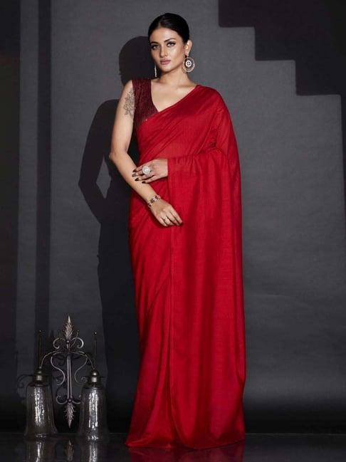 tikhi imli red plain ready to wear saree with unstitched blouse