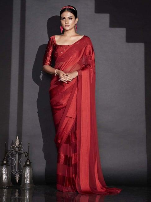 tikhi imli red striped ready to wear saree with unstitched blouse