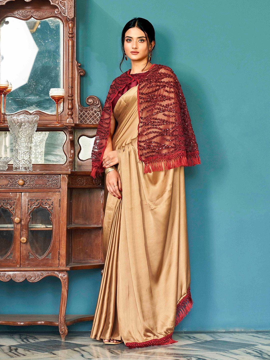 tikhi imli solid satin satin saree with cape