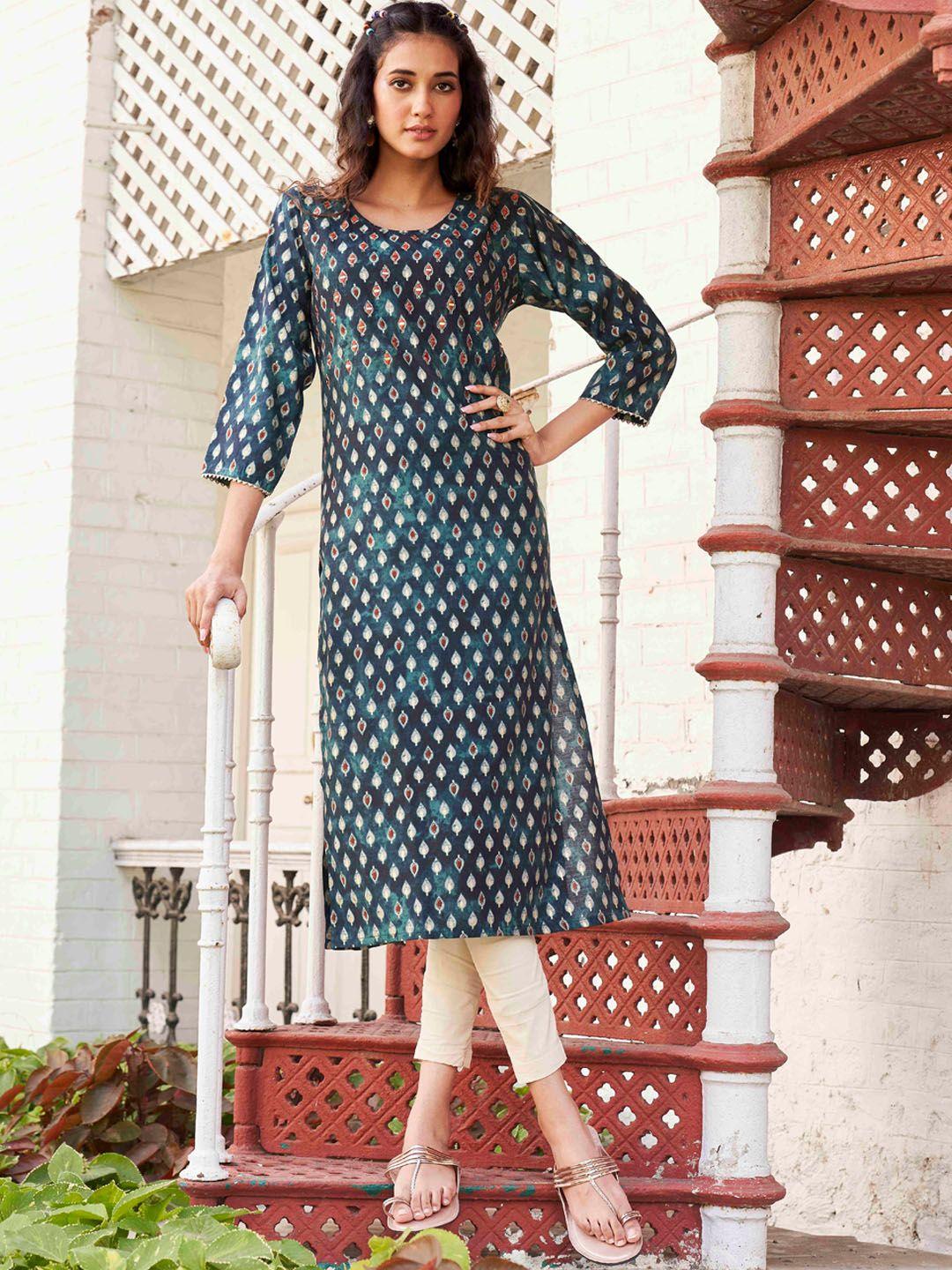 tikhi imli teal ethnic motifs printed mirror work chanderi silk kurta