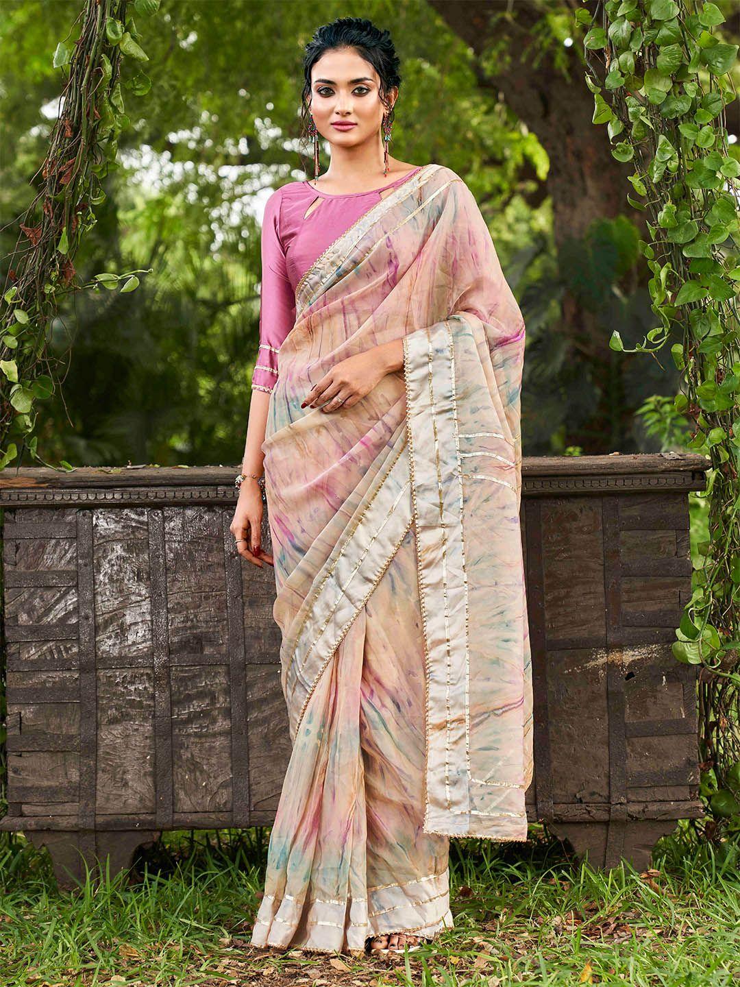 tikhi imli tie and dye gotta patti organza saree