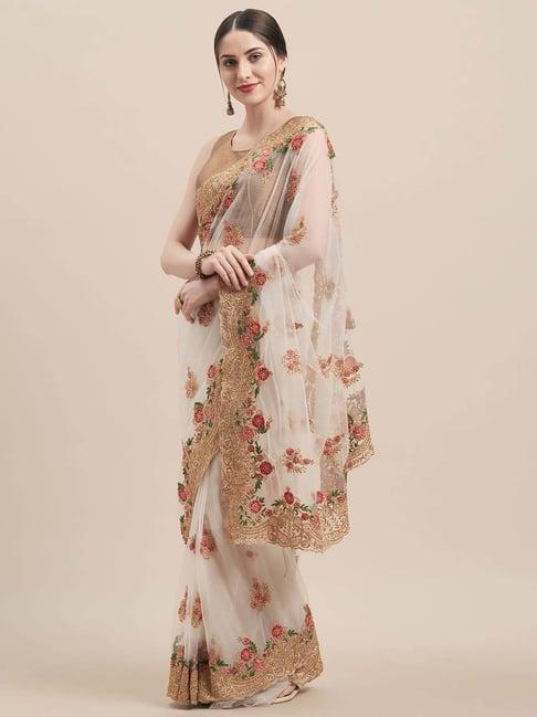 tikhi imli white embroidered saree with unstitched blouse