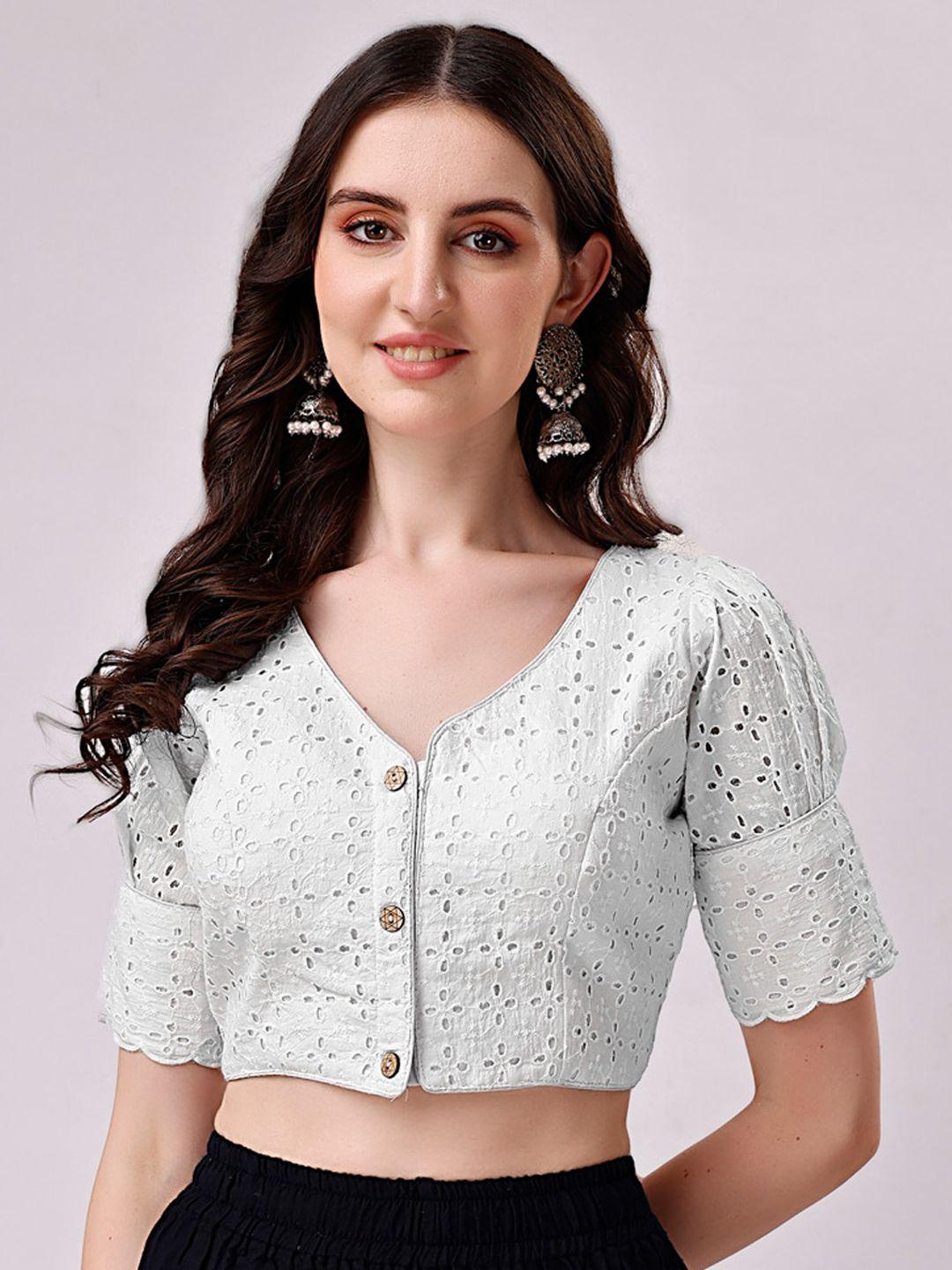 tikhi imli white embroidered v-neck thread work detailed cotton saree blouse