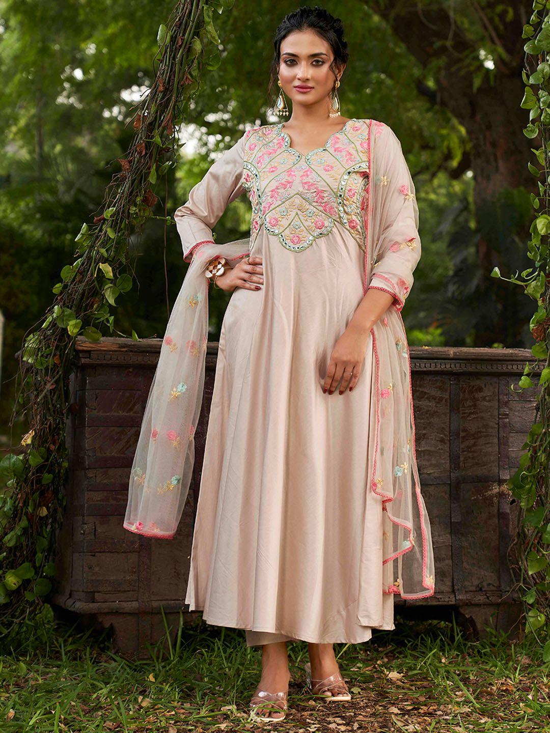 tikhi imli women beige embroidered pleated thread work kurta with trousers & with dupatta