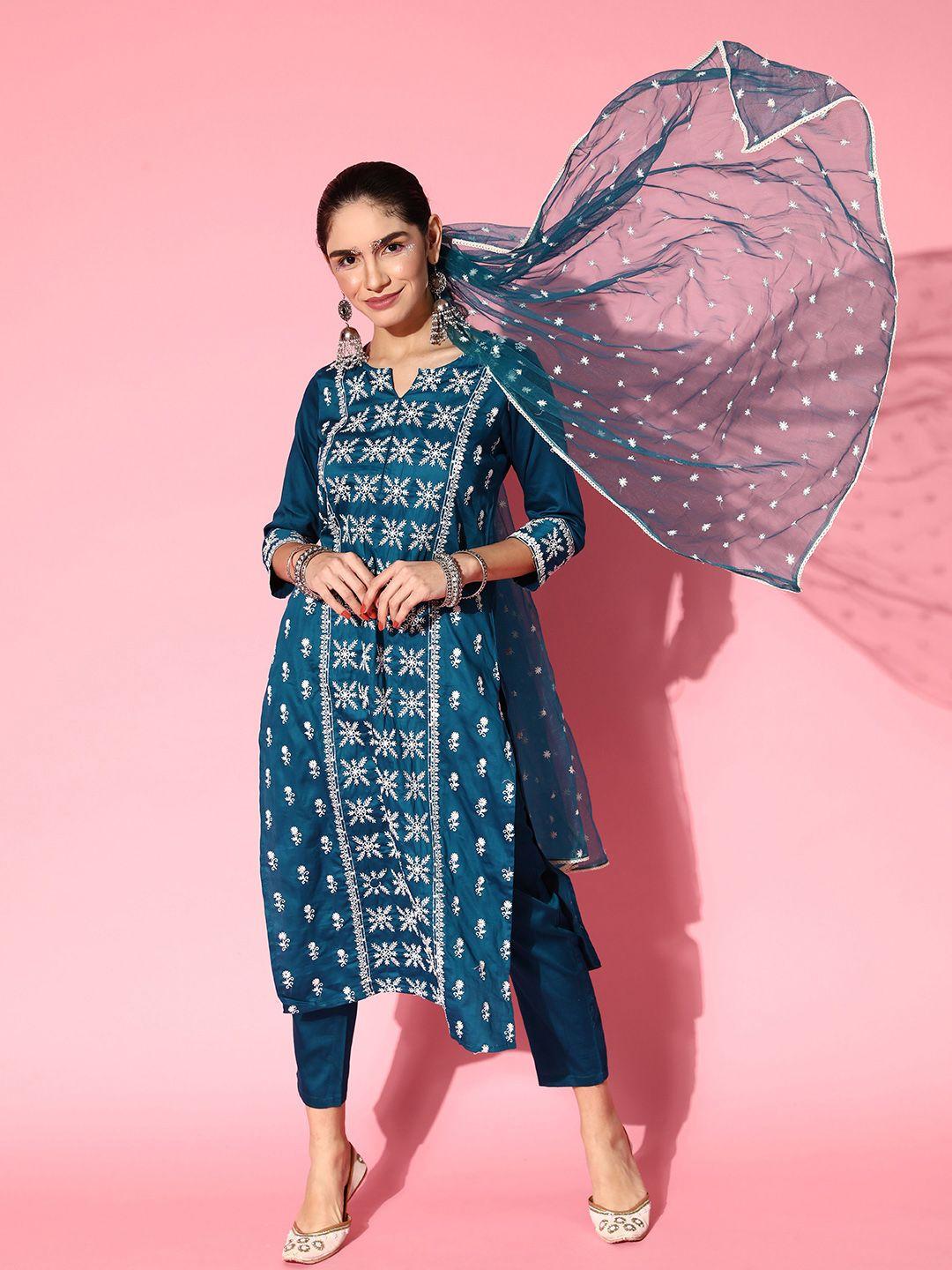 tikhi imli women blue pure cotton ethereal embroidery kurta set