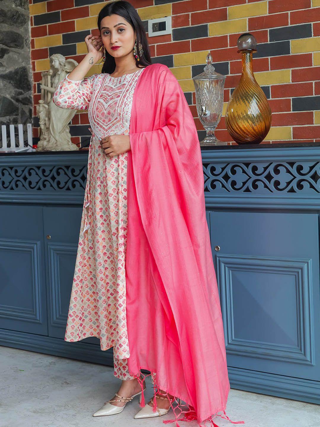 tikhi imli women cream-coloured floral embroidered panelled sequinned kurta with trousers & with dupatta