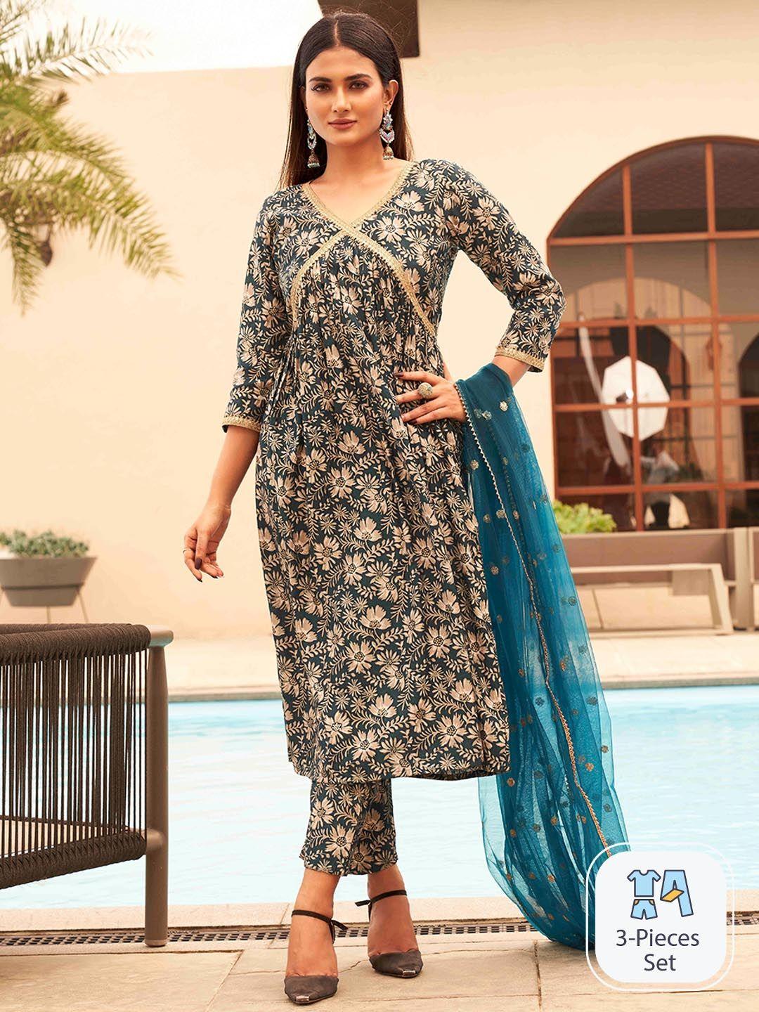 tikhi imli women floral printed empire sequinned kurta with trousers & dupatta