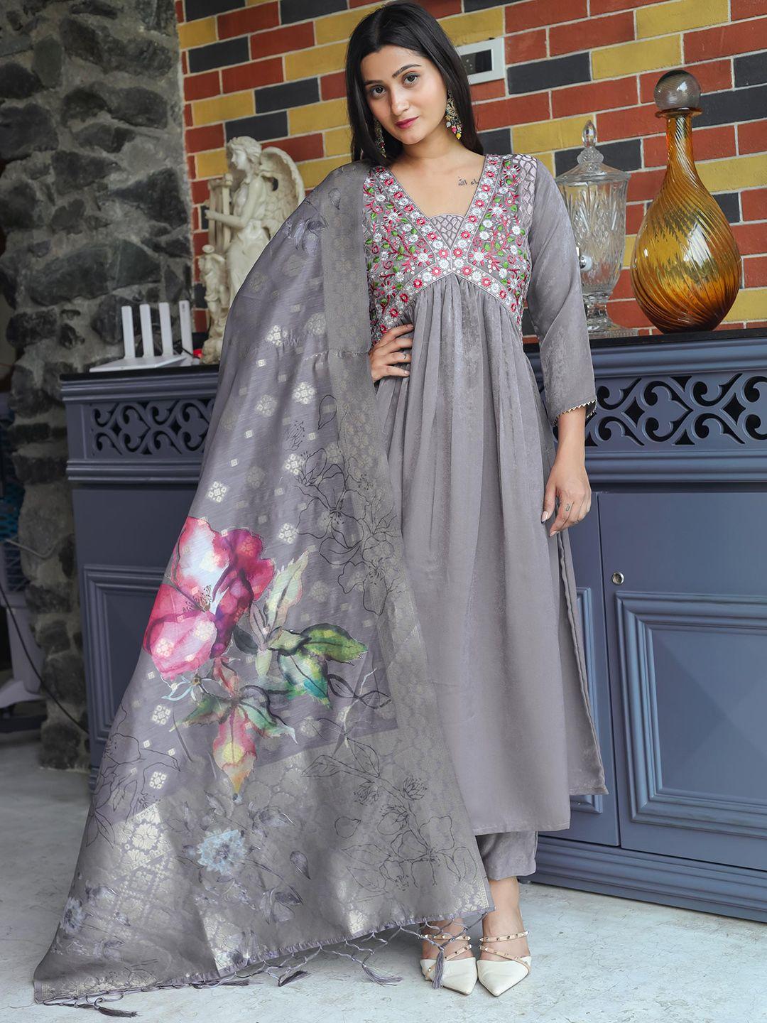 tikhi imli women grey embroidered pleated thread work kurta with trousers & with dupatta